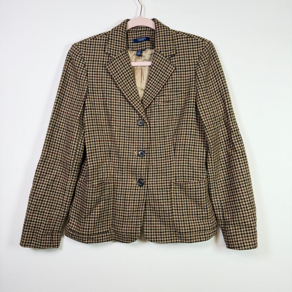 CHAPS‎ Brown Houndstooth Wool Blend 3-Button Blazer Size 8
